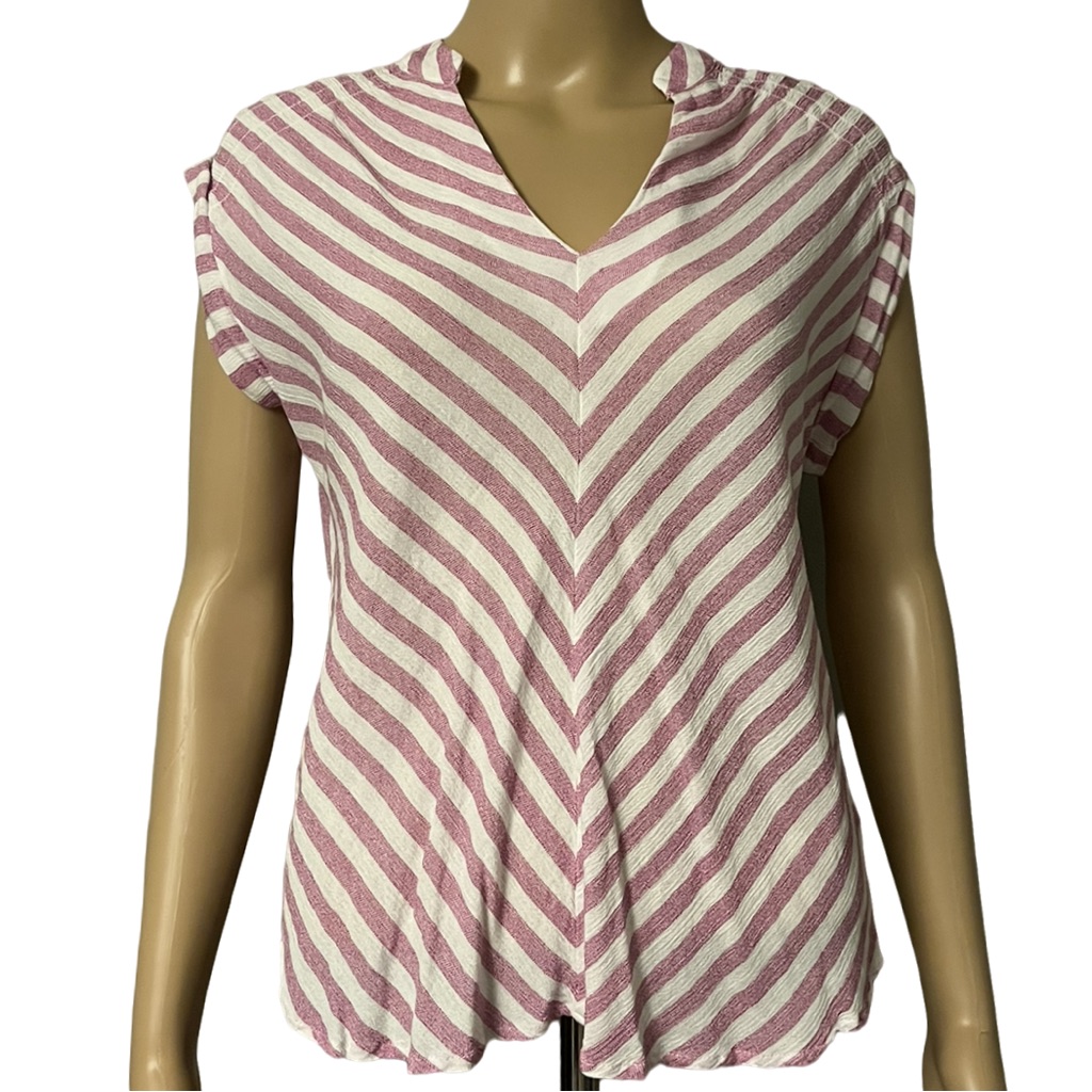 Faith And Joy Rayon Pink & White Striped V Neck Blouse Size Small